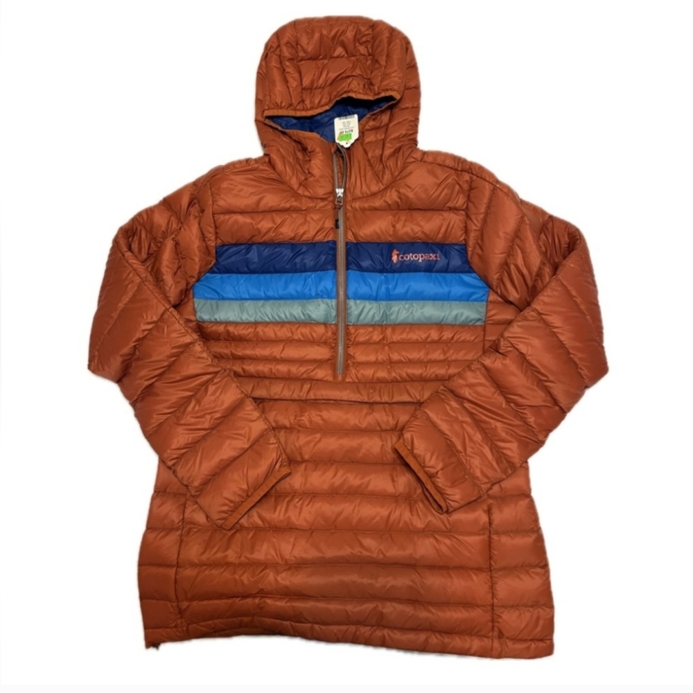 Cotopaxi Fuego puffer diwn hoodie in Amber with bkue stripes.
